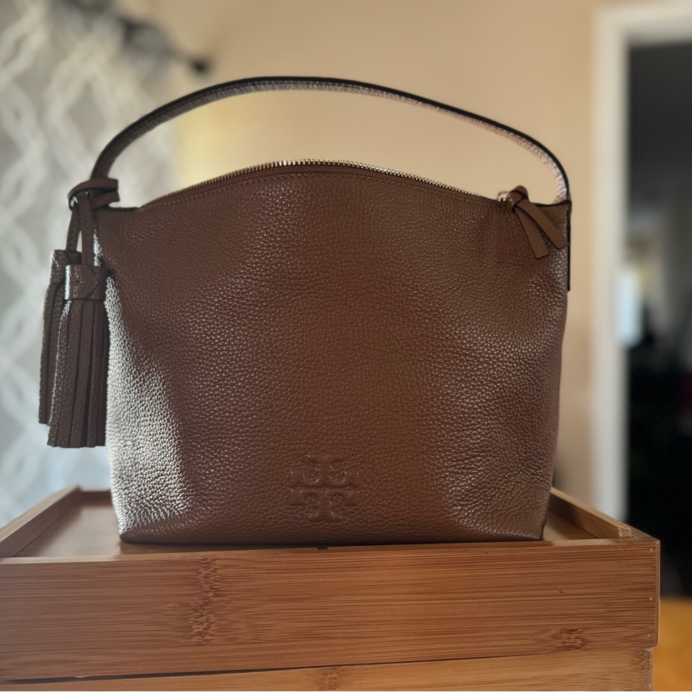 Tory Burch Brown Pebbled Leather Hobo Satchel with Tassel - Picture 4 of 9